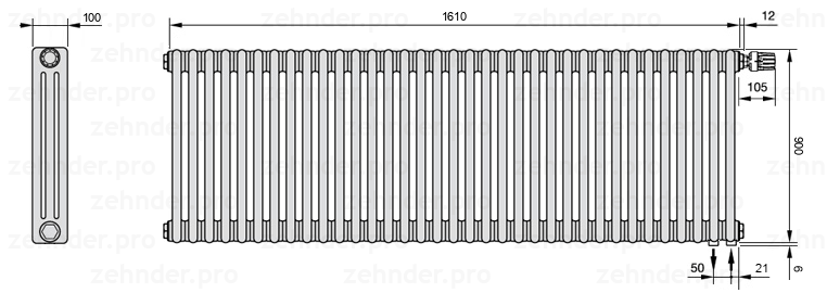 Схема (чертеж) Радиатор Zehnder Charleston 3090/35 №V002 Белый глянцевый RAL 9016